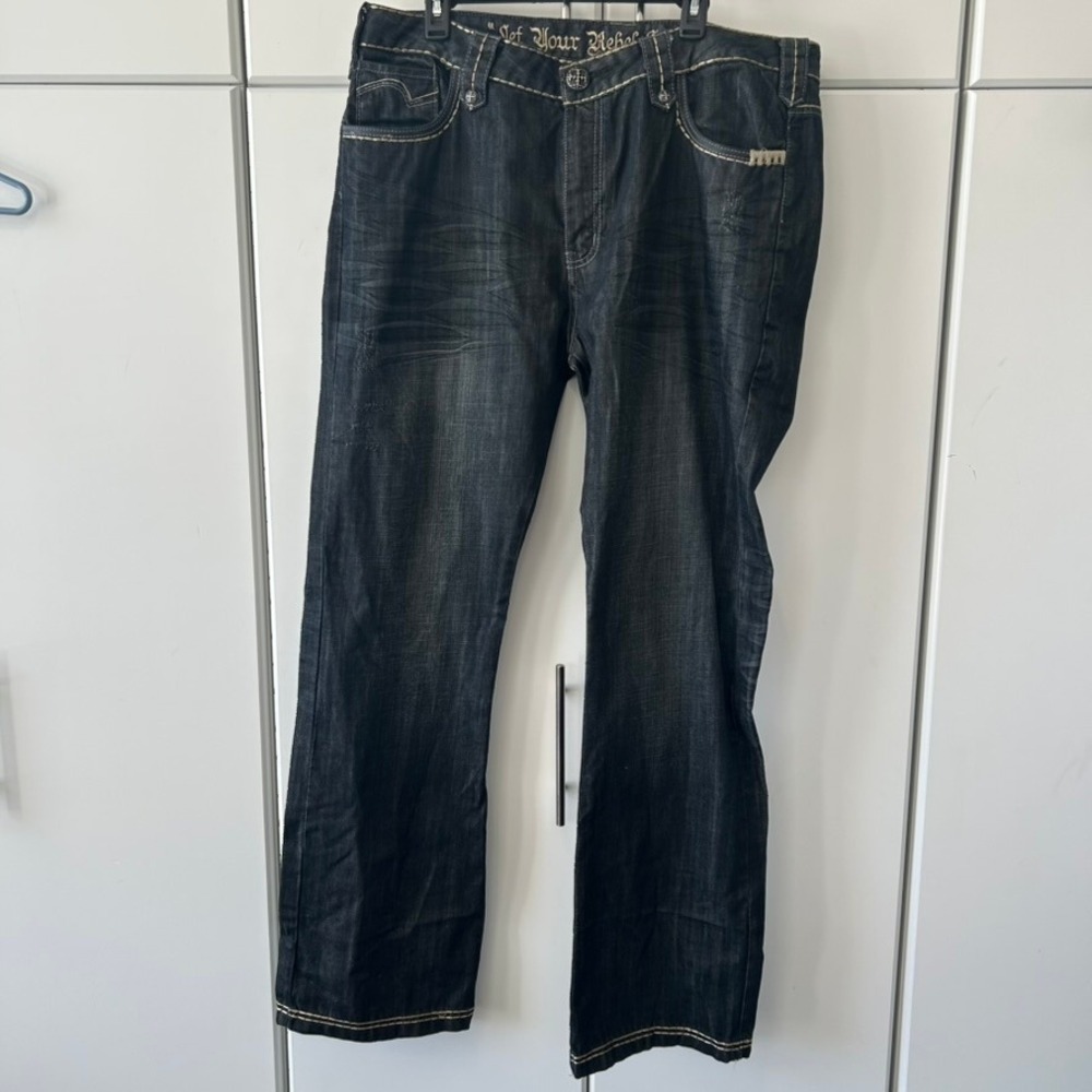 Affliction Mens Navy Black Distressed Jeans Straight Leg 40x34 Get Your Rebel On